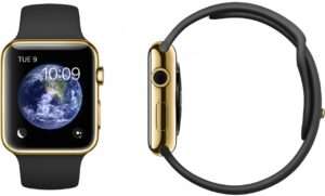 A gold apple watch with a black band