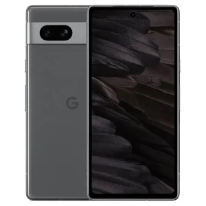 Google pixel 7a the front and back of a grey smartphone